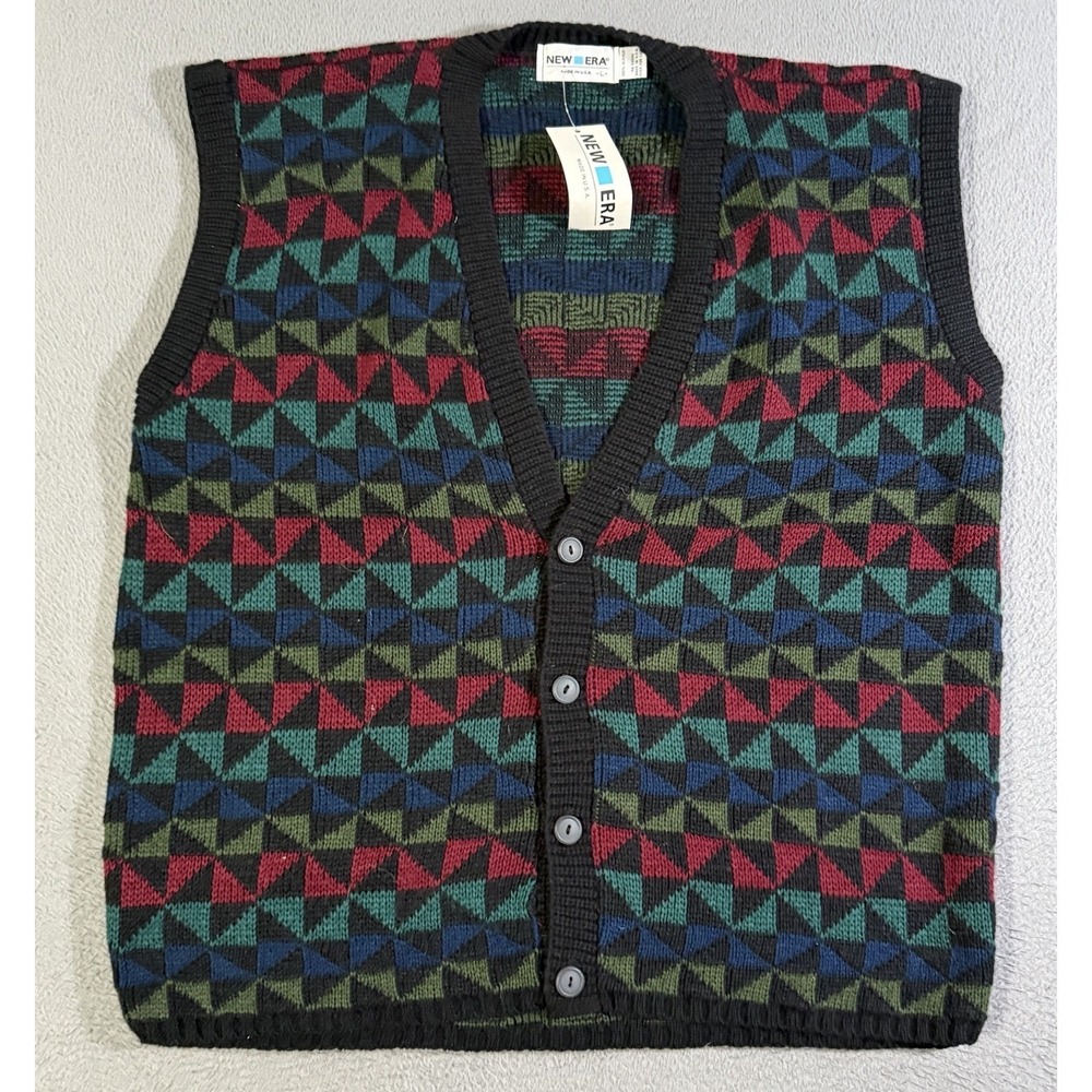 VTG New Era Sweater Vest Mens Lg Blue Button Up Knit Grandpa Core Cosby USA Made